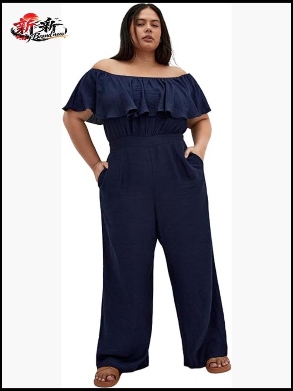 Off Shoulder Ruffle Jumpsuit With Wide Leg Silhouette, Rayon Blend